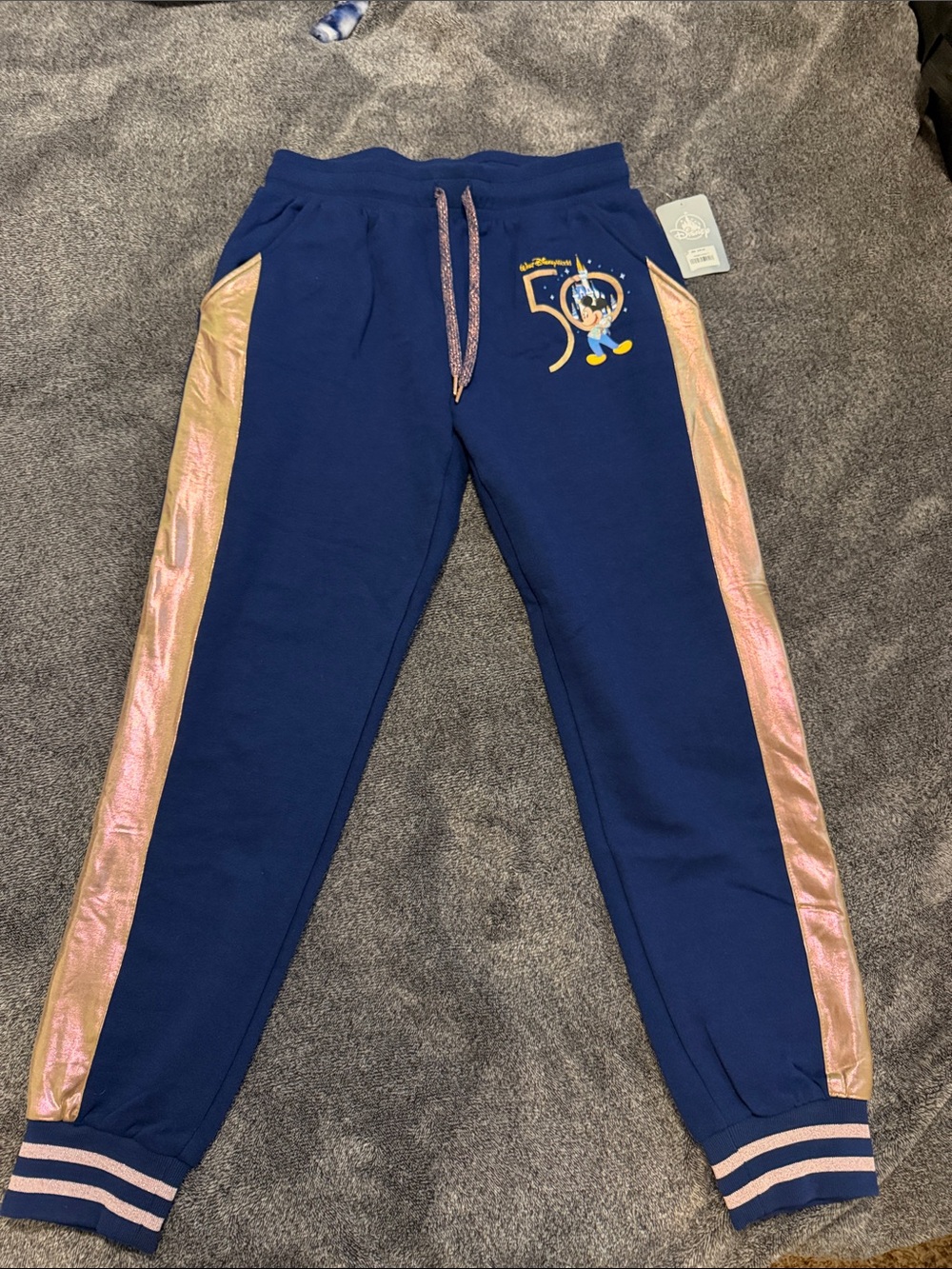 Disney World 50th Anniversary Navy Joggers with Pink Metallic Side Stripes